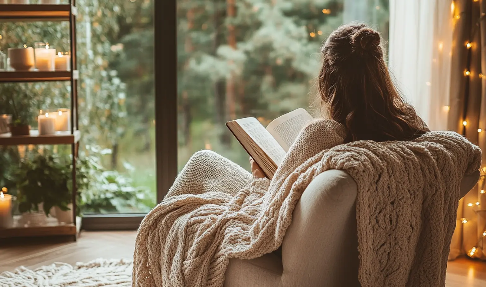 AI-generated illustration of a woman sitting by a window, engrossed in reading a book, with sunlight streaming in around her.