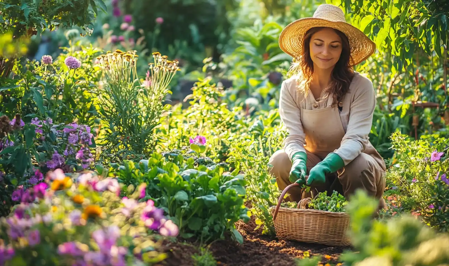 AI-generated illustration of a woman in a hat and gloves kneels in a colorful garden, surrounded by blooming flowers and greenery.