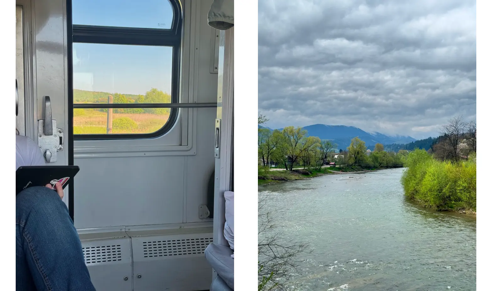 A woman sitting on a train, gazing out the window, with two images showing different angles of his thoughtful expression.