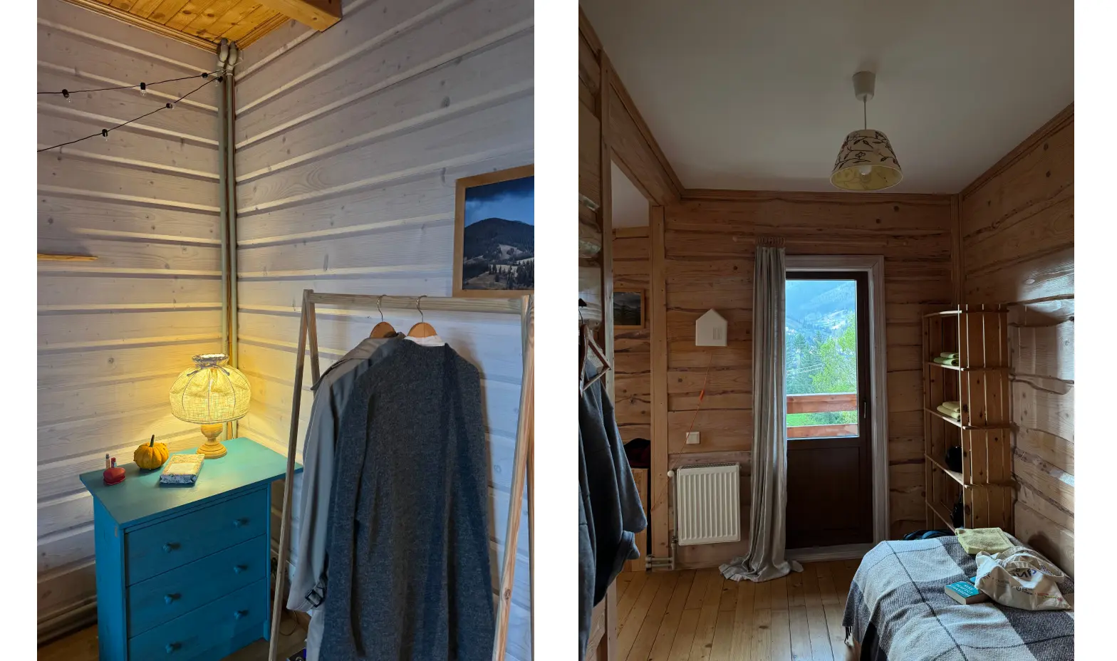 Two images showing a cozy bedroom, highlighting its’ stylish decor and layout.