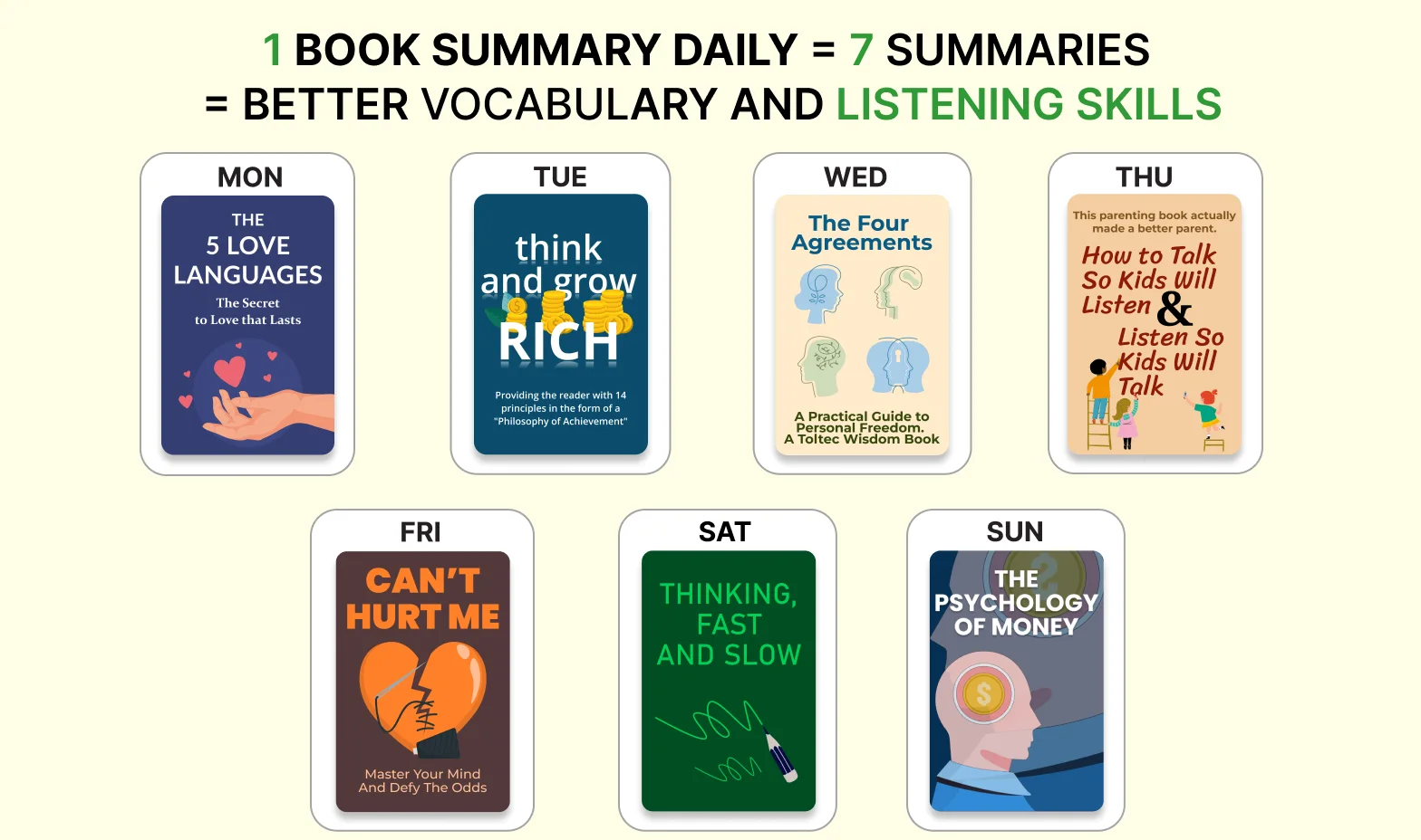 1 book summary daily = 7 summaries weekly = better vocabulary and listening skills