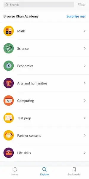 Khan Academy app explore page with subjects like Math, Science, Economics, and Computing 