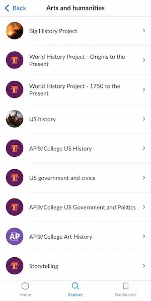 Khan Academy Arts and humanities section showing history, civics, and art courses 