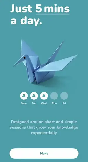 Learning app onboarding screen with origami bird illustration
