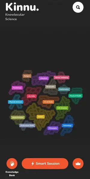 Kinnu app home screen showing colorful knowledge categories and Smart Session button