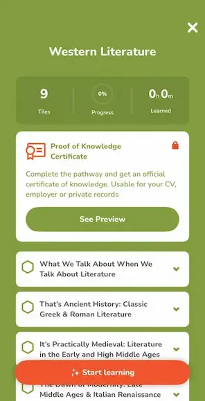 Western Literature learning pathway screen with progress tracker and lesson list 