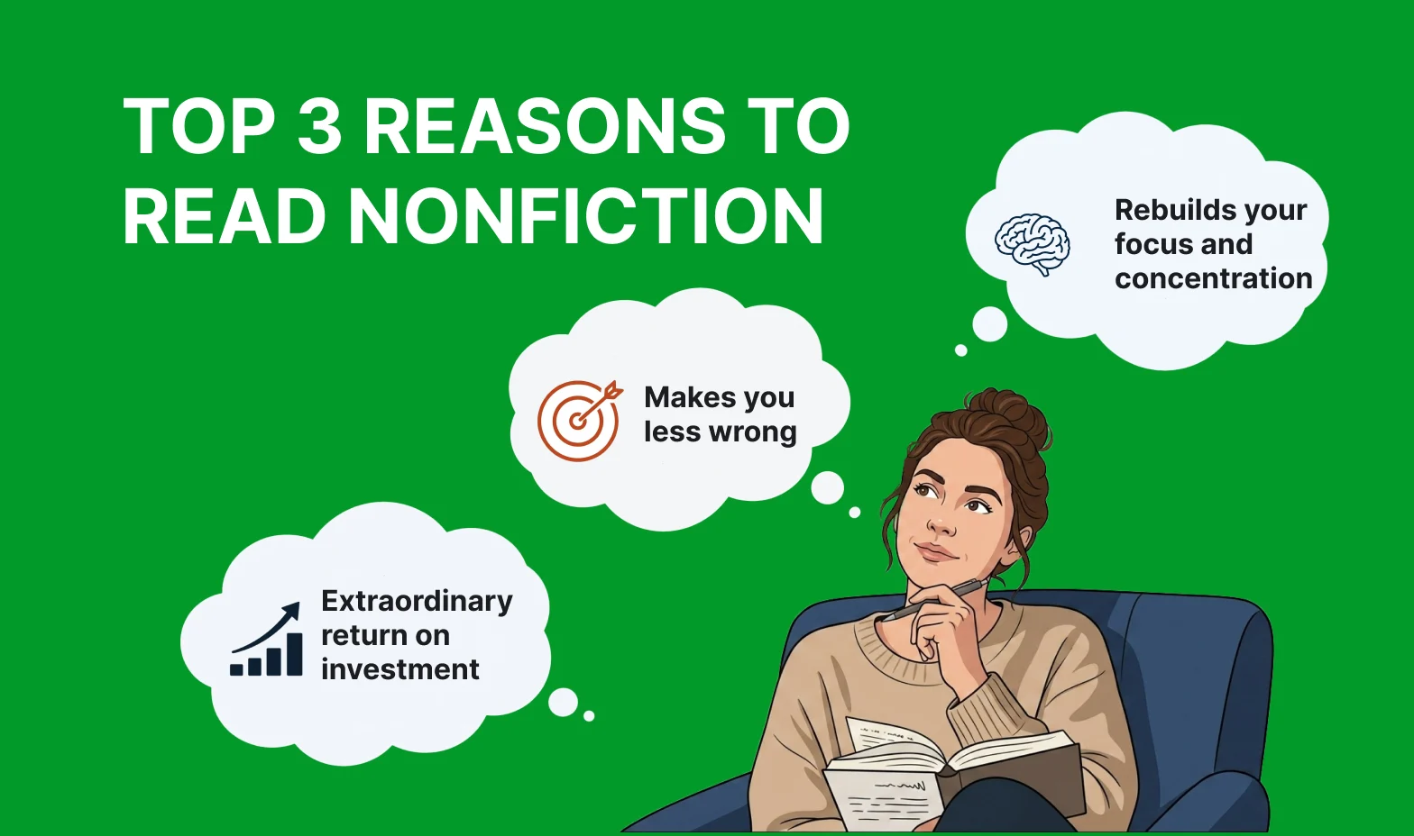 a woman thinking about reading nonfiction